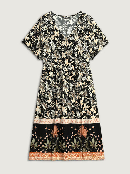 Rayon Floral Print Button Detail Midi Dress