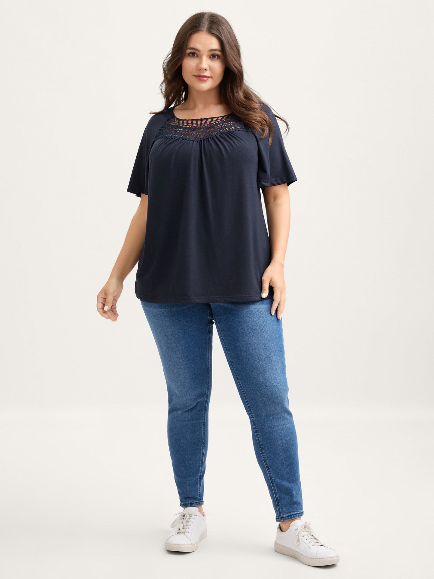 Neckline Sheer Lace Neck T-Shirt