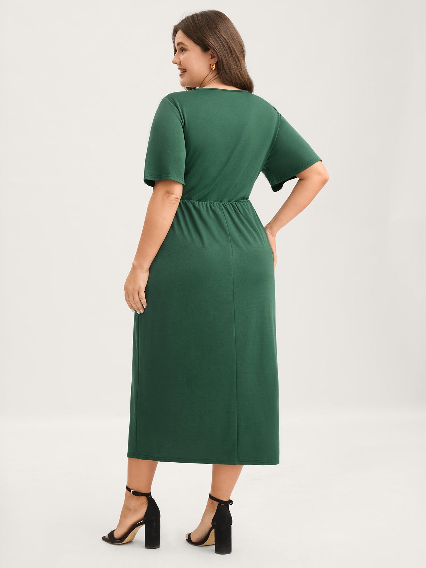 Wrap Gathered Solid Surplice Midi Dress