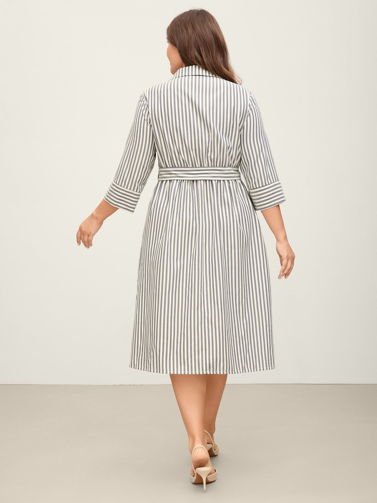 Striped Waist Belt Midi Shirt Dress