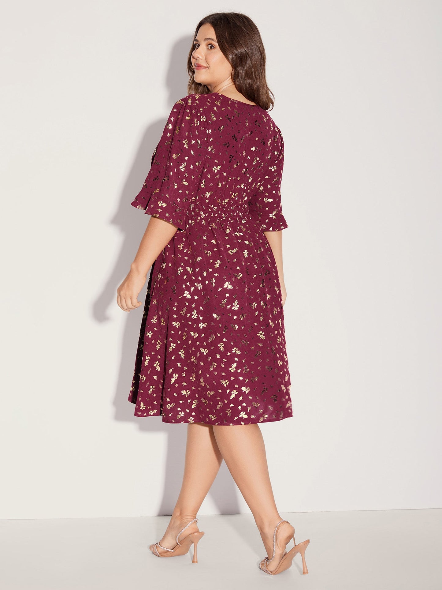 Gold-Foil Shimmery Shirred-Waist Midi Dress