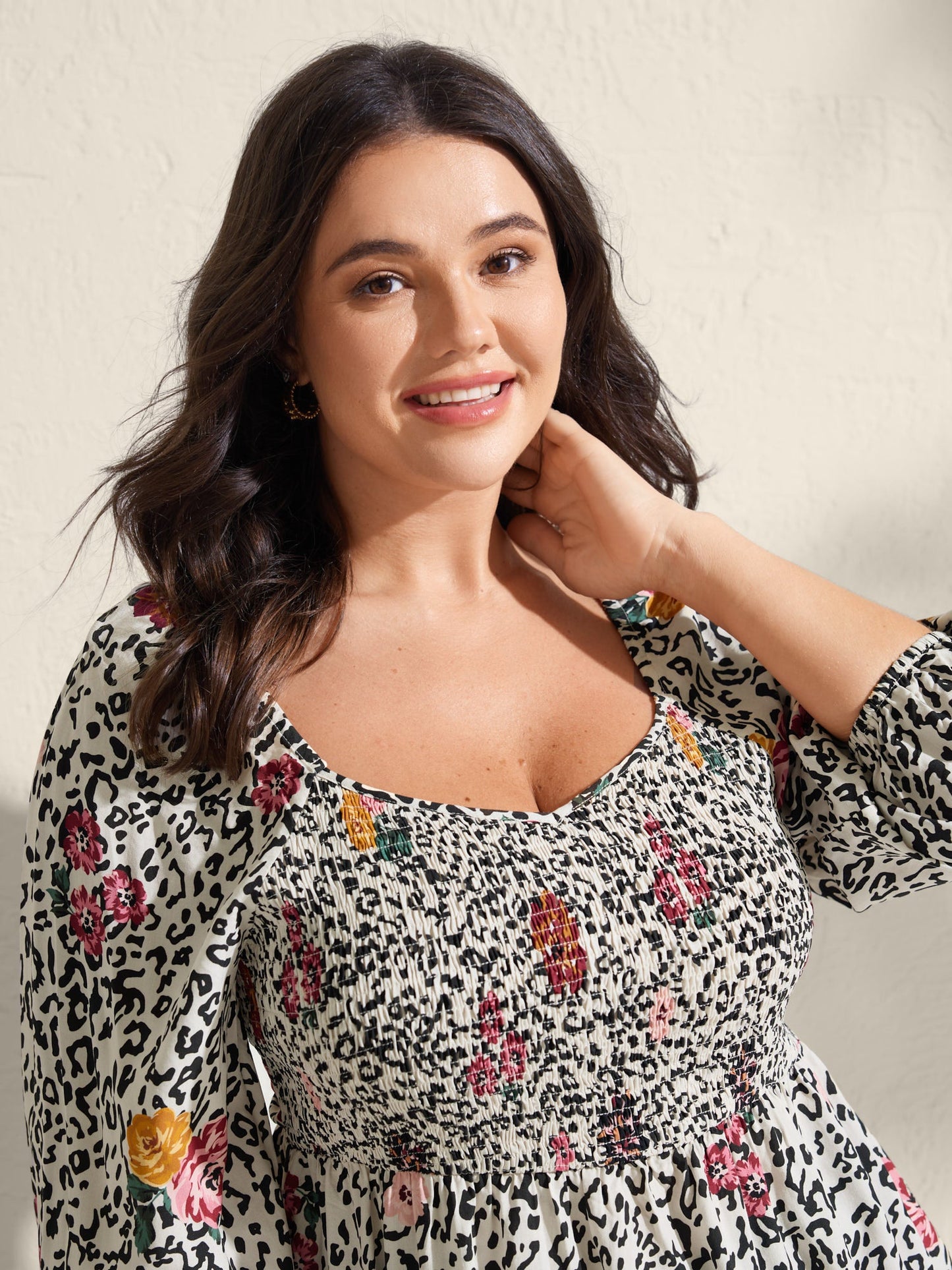 Leopard Floral Print Shirred Blouse