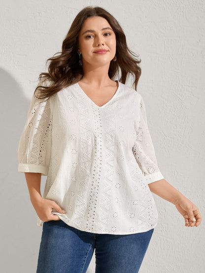 Cotton Eyelet Embroidery V-Neck Blouse