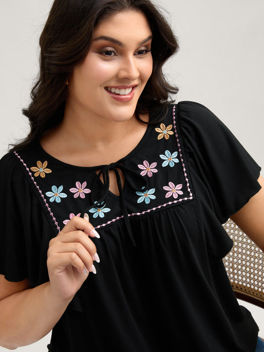 Floral Neck Embroidery Flowy T-Shirt