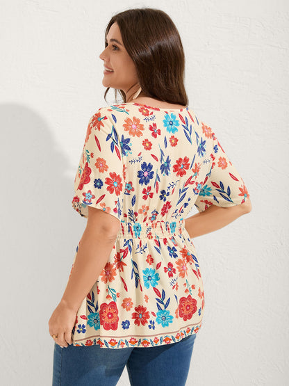 Floral Print Pleated Waist Surplice Blouse