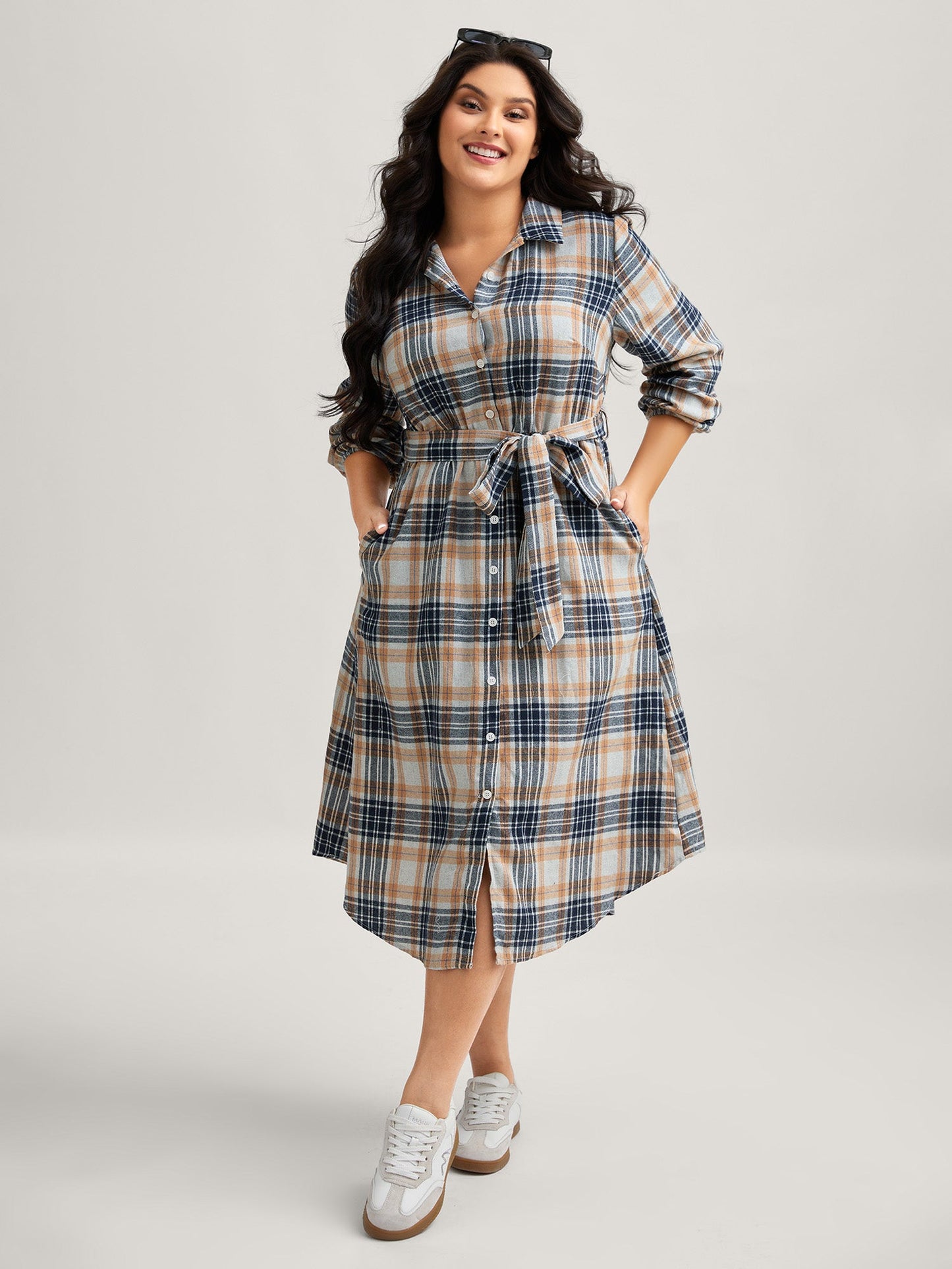 Plaid Print Belted Waist-Defining Midi Dress