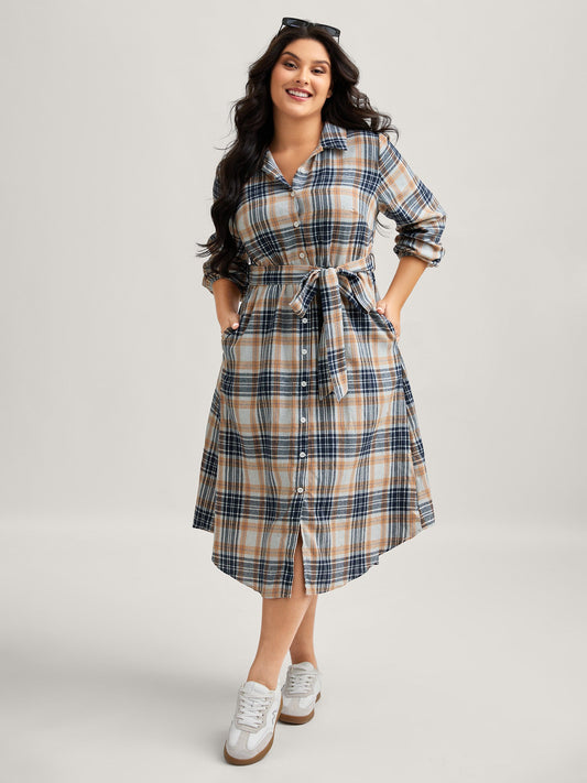 Plaid Print Belted Waist-Defining Midi Dress