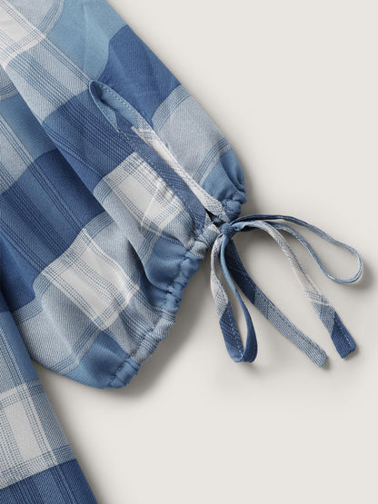 Plaid Print Notched Collar Blouse