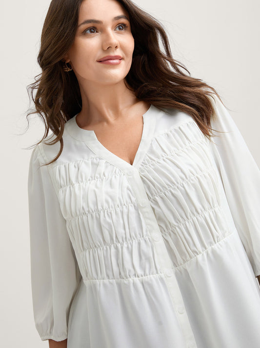 Textured Shirred Front Button Tunic Blouse