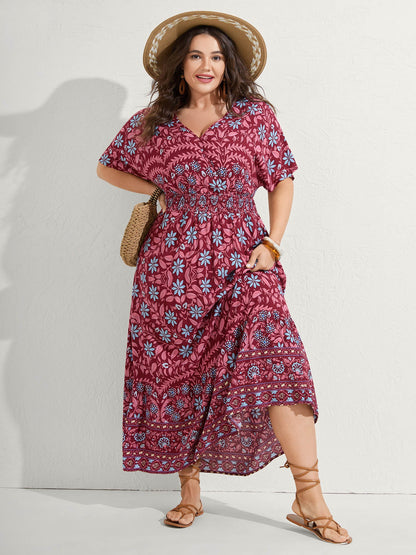 Rayon Boho Floral Shirred Waist Midi Dress