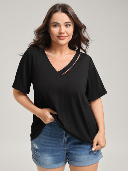 Neck Cut-Out Plain T-Shirt