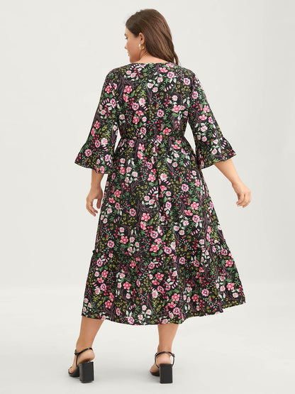 Floral Ruffled Square Neck Midi Dress