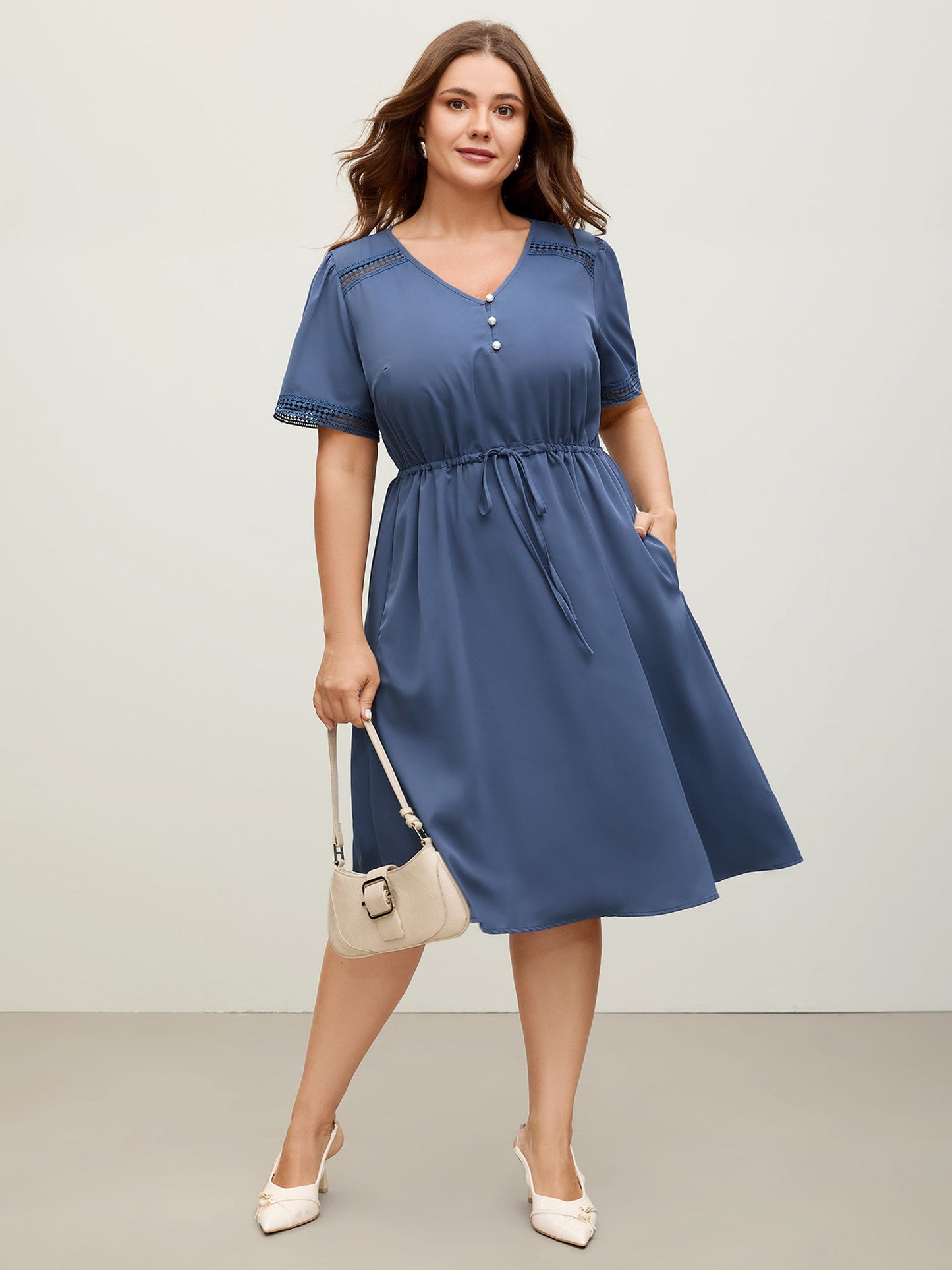 Lace Trim Waist-Drawstring Solid Midi Dress