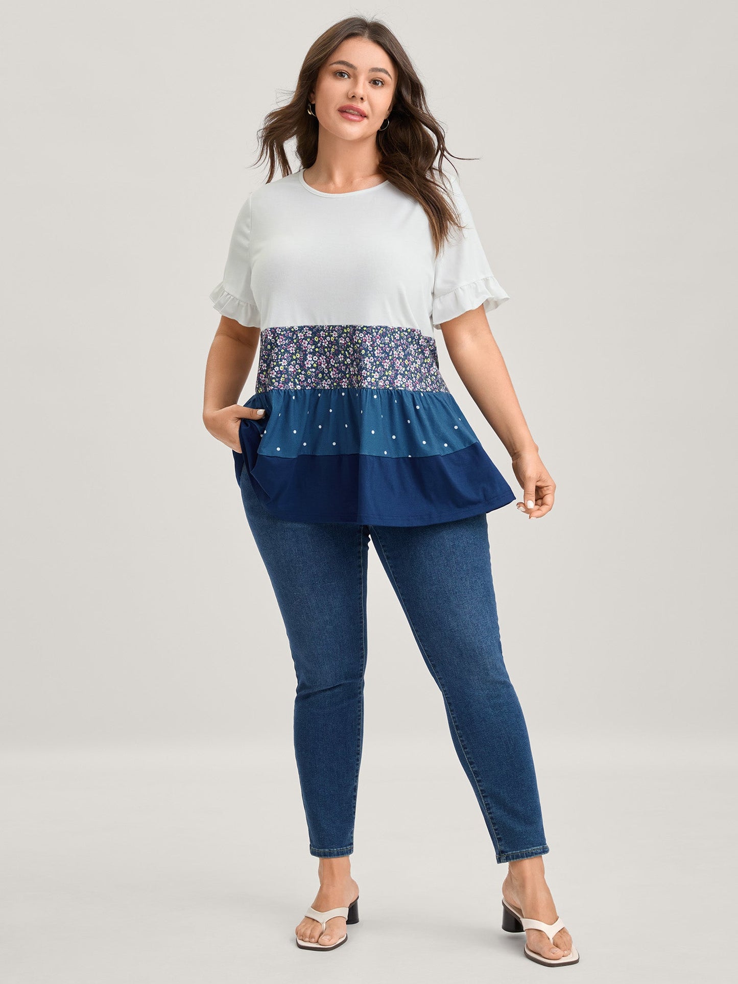 Color Contrast Floral Tiered Knit Top