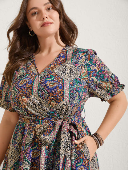 Boho Print Overlap Hem Belted Midi Dress