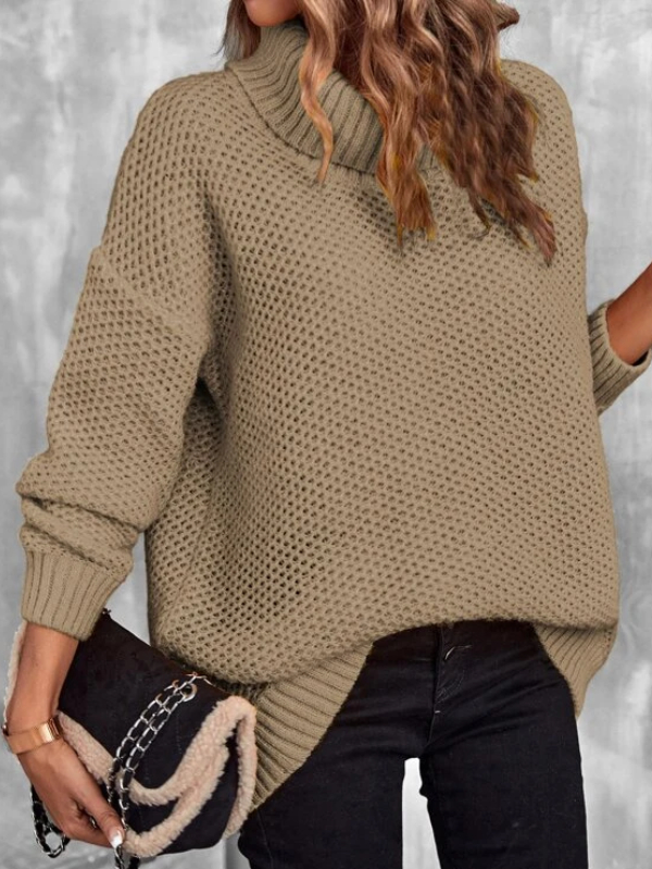 Turtleneck Drop Shoulder Pointelle Knit Sweater
