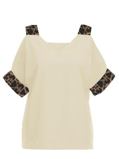 Leopard Print V-neck Cold Shoulder Tops