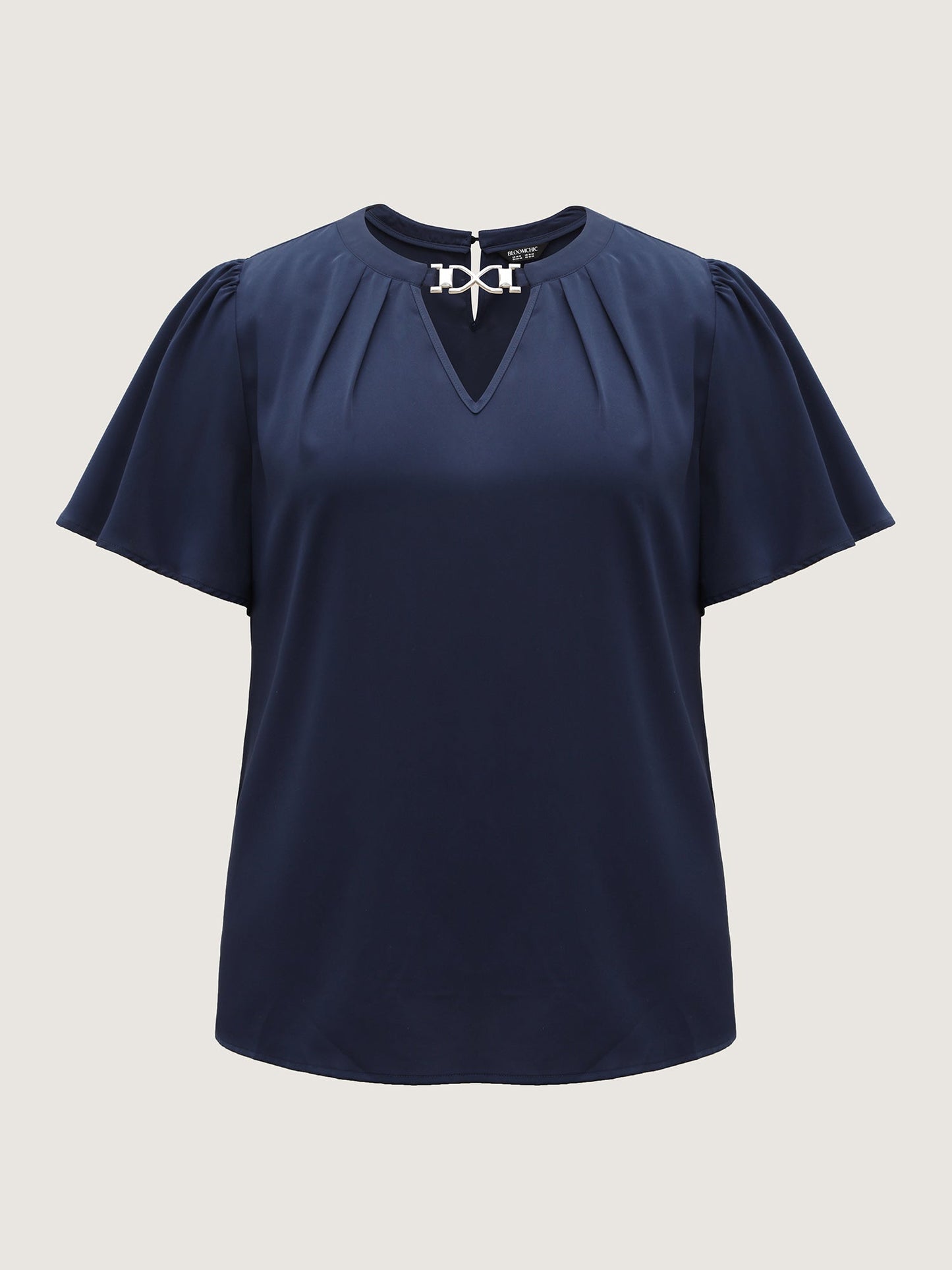 Metal Clasp Neckline Lotus Leaf Sleeve Blouse