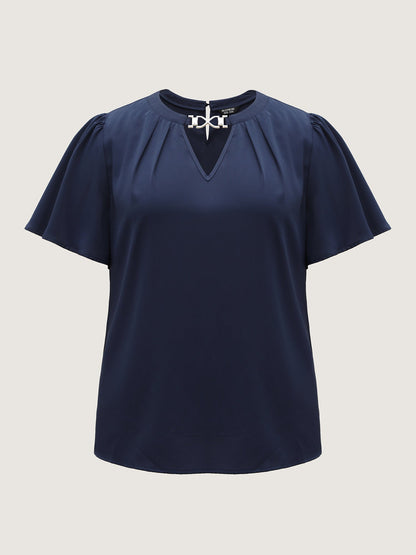 Metal Clasp Neckline Lotus Leaf Sleeve Blouse
