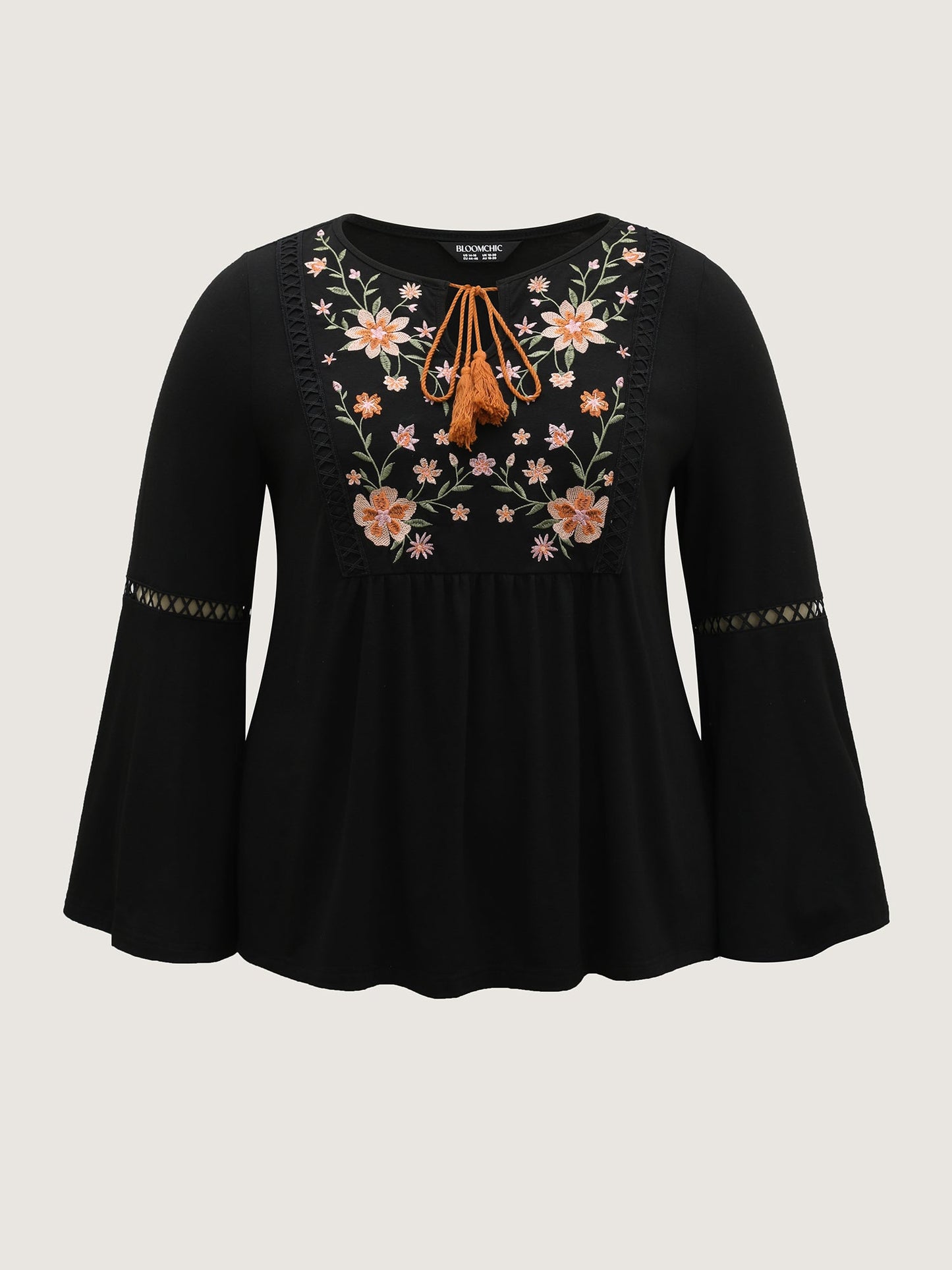 Floral Neck Embroidery Lace Trim Knit Top