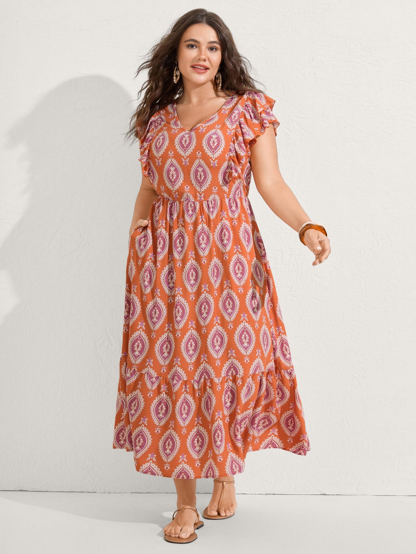 Rayon Boho Print Pocket Midi Dress