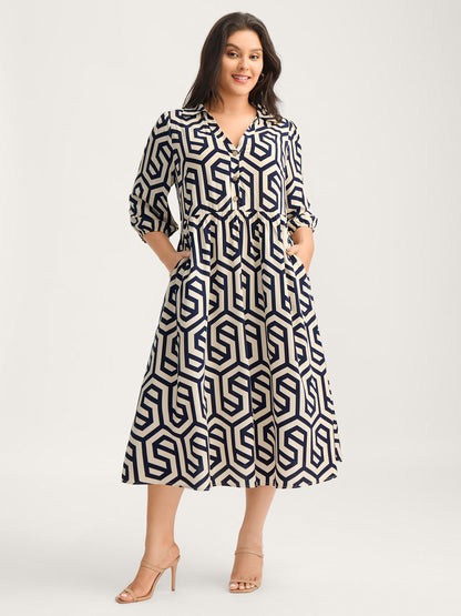 Rayon Geometric Pattern Button Midi Dress
