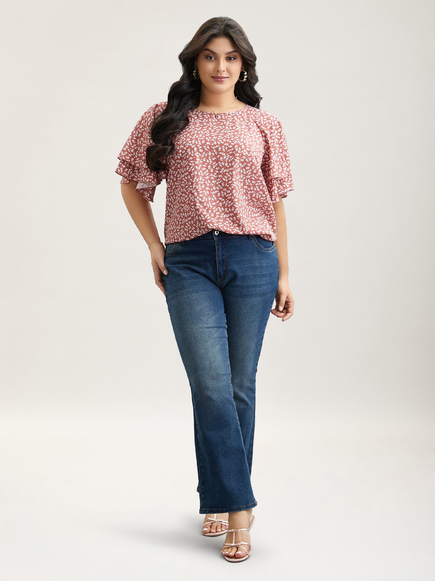 Ditsy Floral Print Tiered Lotus Leaf Sleeve Shirt