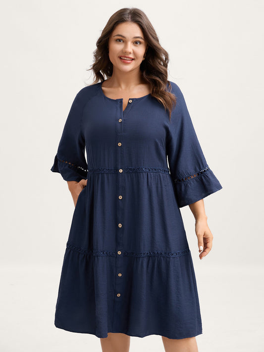 Button Front Lace Trim Pockets Midi Dress