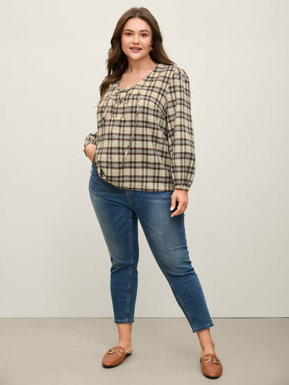 Plaid Print Neck Tie-Up Blouse