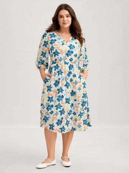 Rayon Floral Stretchy Waist Pockets Midi Dress