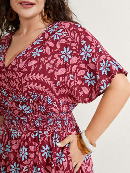 Rayon Boho Floral Shirred Waist Midi Dress