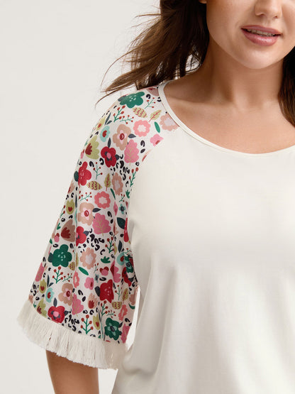 Floral Raglan Sleeve Tassels T-Shirt