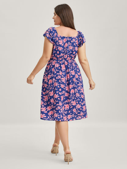 Rayon Silhouette Flower Ruffled Sleeve Midi Dress