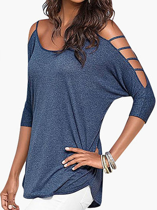 Open Shoulder Round Neck  Hollow Out Plain Tops