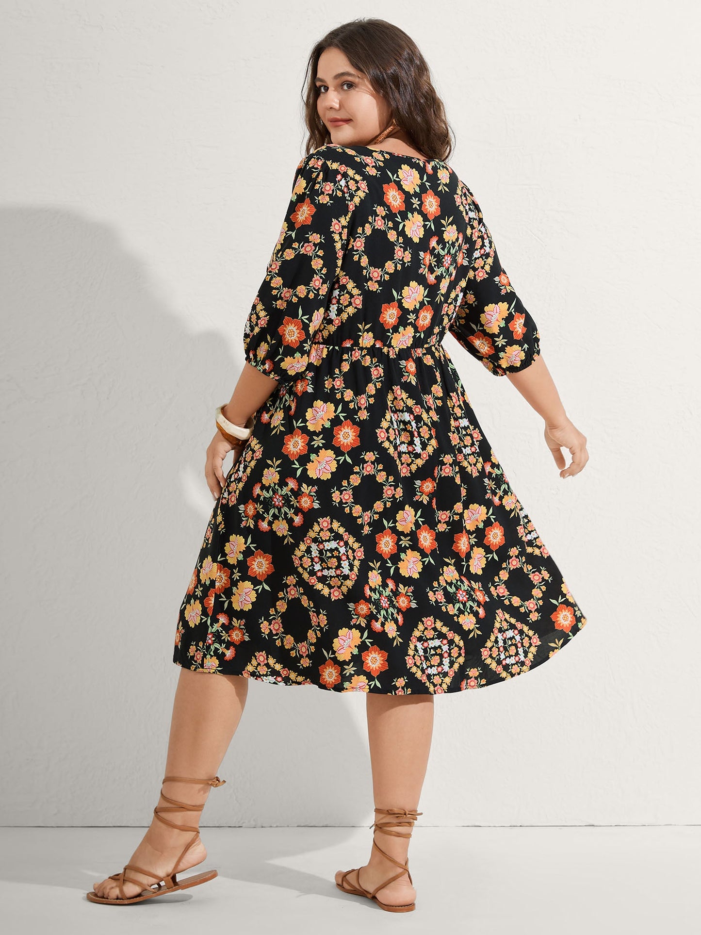 Boho Print Waist Stretchy Midi Dress