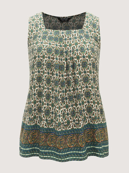 Floral Print Pleated Neckline Tank Top