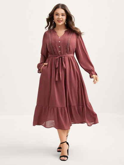 Pintuck Pleats Lace Trim Waist-Tie Maxi Dress