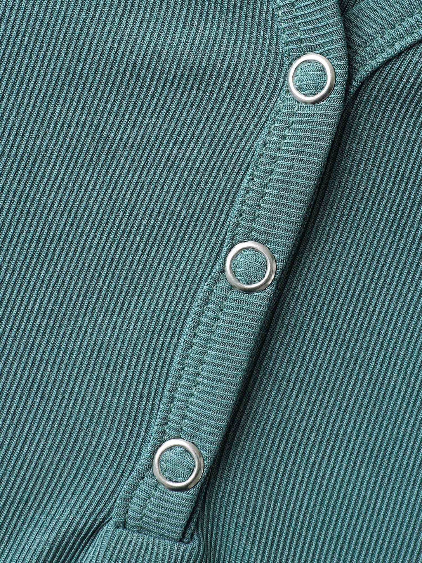 Ribbed Button V-Neck Knit T-Shirt