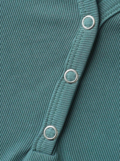 Ribbed Button V-Neck Knit T-Shirt