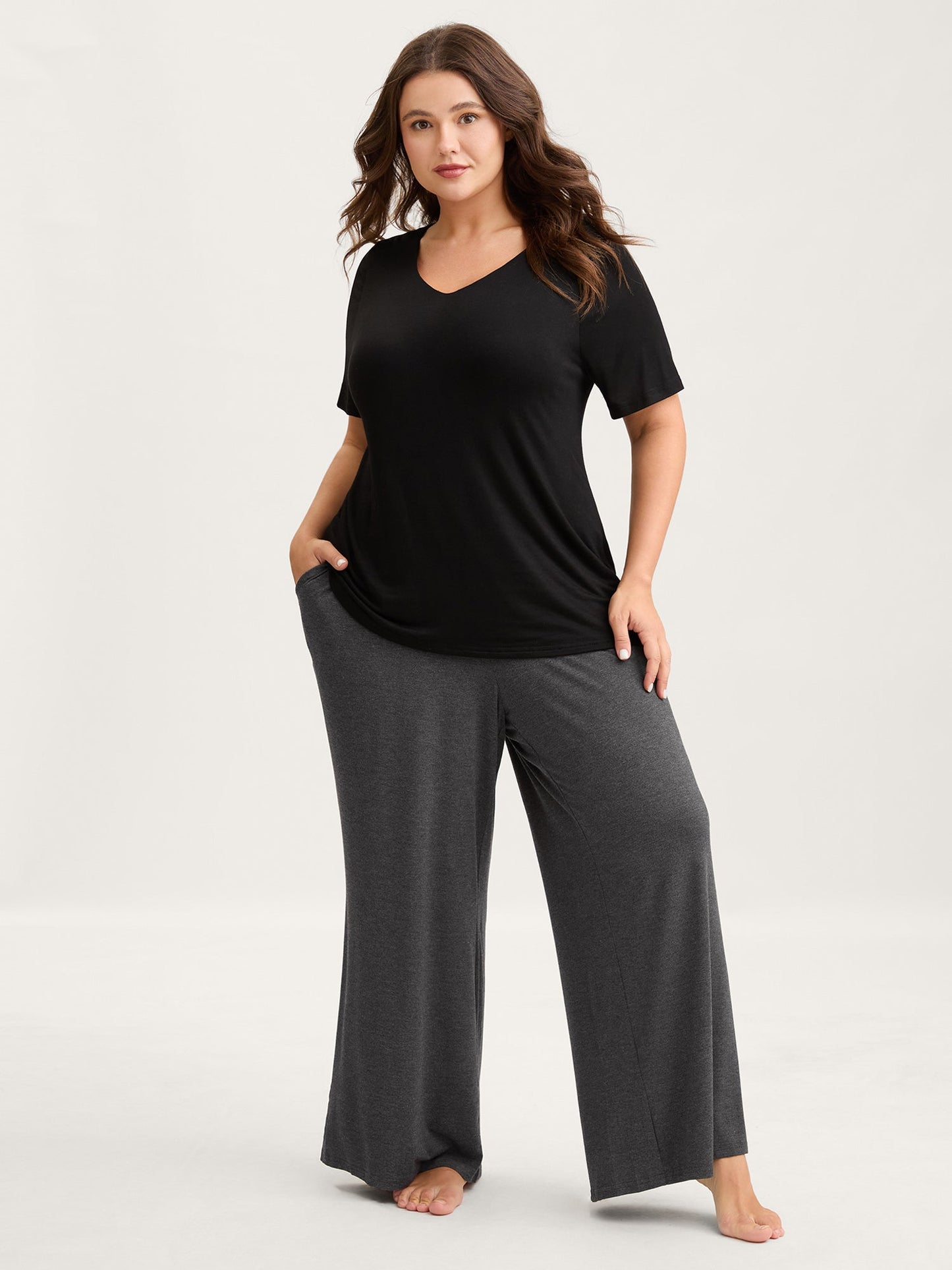 Solid Elastic Waist Wide Leg Lounge Bottoms