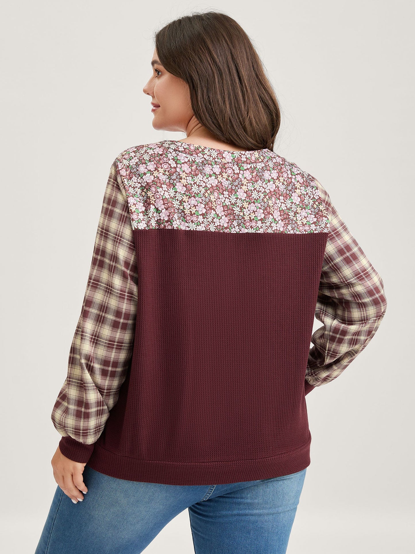 Mixed Print Textured Split Neck Sweatshirt