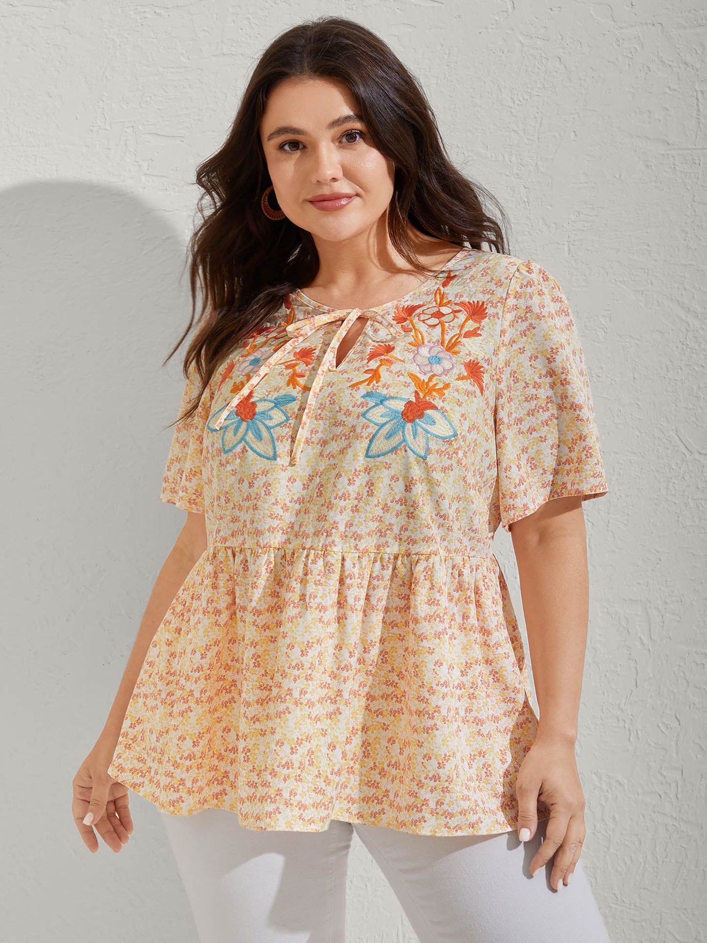 Floral Embroidery Neck Tie Blouse