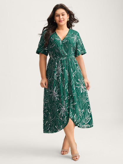 Floral Sequins Surplice Neck Pockets Midi Dress