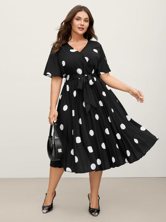 Polka Dots Stretchy Waist Pockets Midi Dress