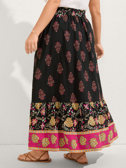 Boho Floral Waist Stretchy Midi Skirt
