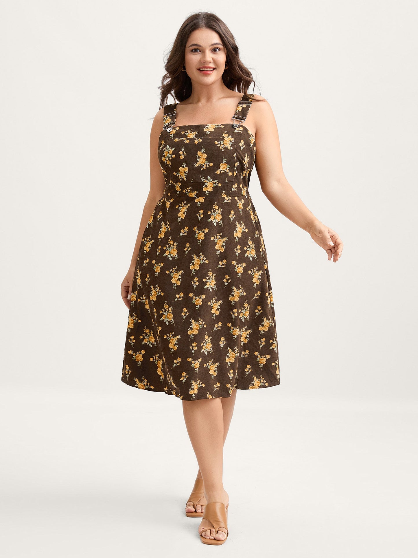 Floral Corduroy Pockets Overall Midi Dress
