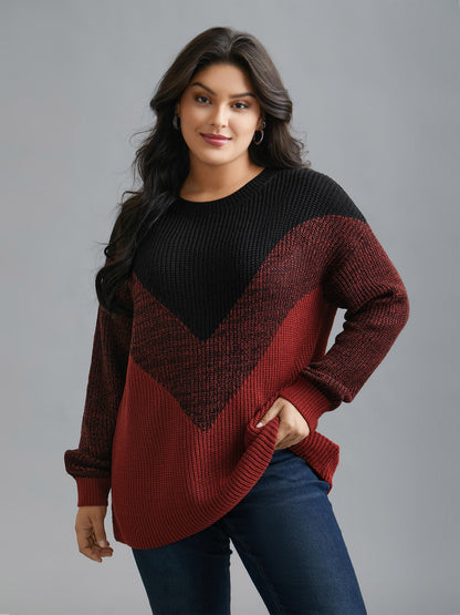 Textured Balloon Sleeves Color Block Pullover