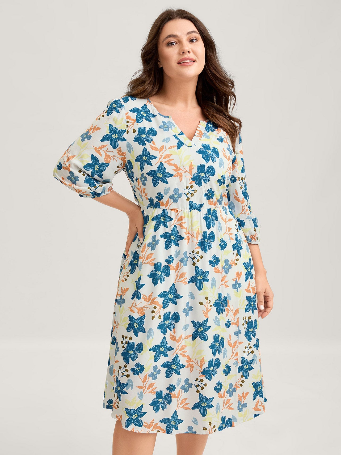 Rayon Floral Stretchy Waist Pockets Midi Dress