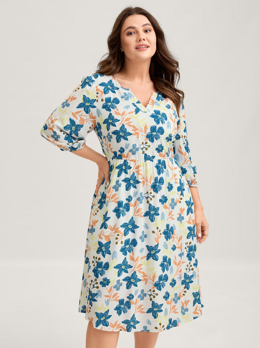 Rayon Floral Stretchy Waist Pockets Midi Dress