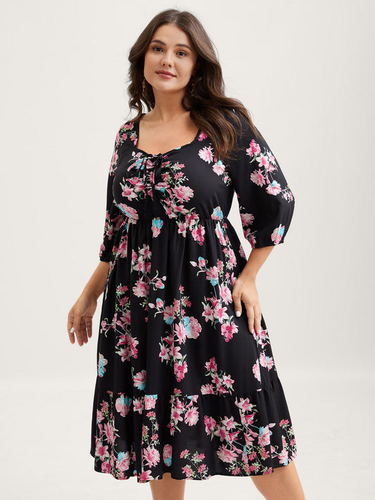 Floral Adjustable Bust Drawstring Midi Dress